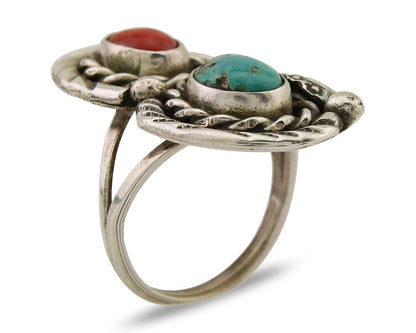 Navajo Handmade Ring 925 Silver Turquoise & Coral Native Artist C.80's