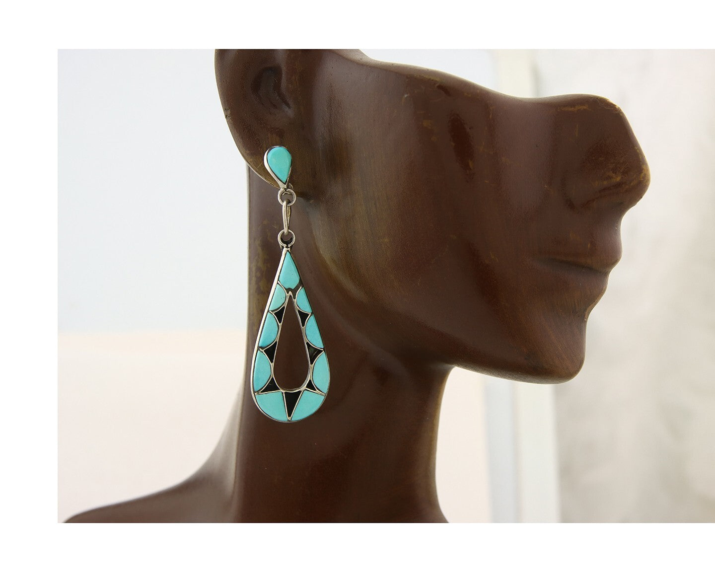 Zuni Dangle Earrings 925 Silver Natural Turquoise Artist Signed EJP C.80's