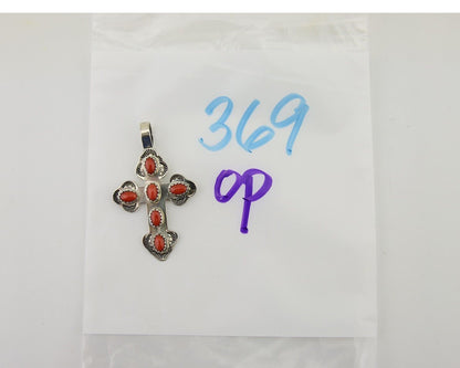 Navajo Cross Pendant 925 Silver Mediterranean Coral Artist Signed CB C.80's