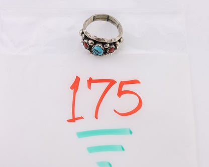 Navajo Ring 925 Silver Coral Turquoise Artist Signed Ella Cowboy C.80's