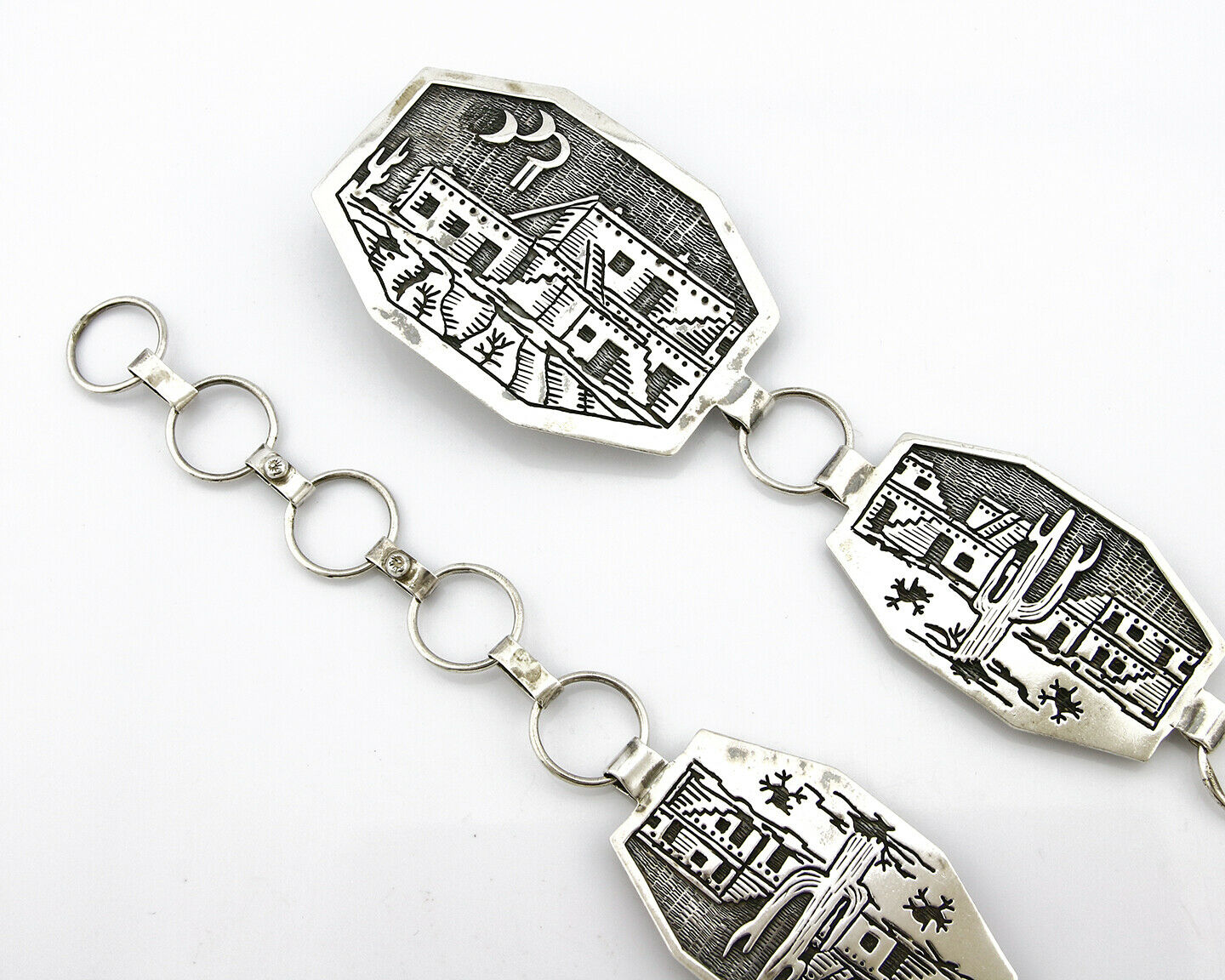 Navajo Concho Belt .925 Silver Pictograph Overlay Signed LE C.1980's