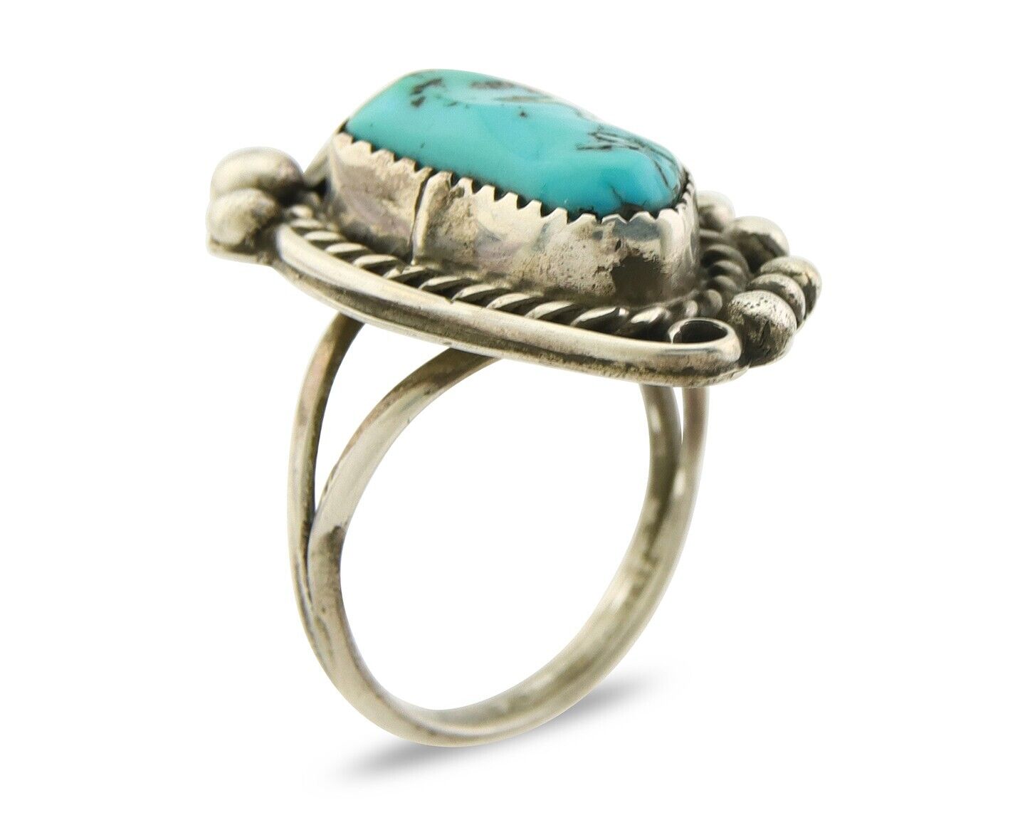 Navajo Ring 925 Sterling Natural Blue Turquoise Native Artist C.80's Size 7.5