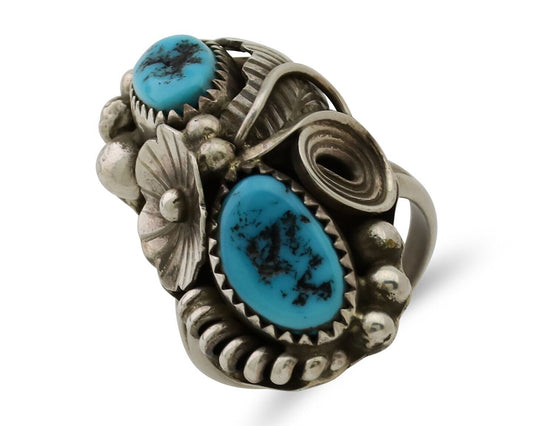 Navajo Ring 925 Silver Sleeping Beauty Turquoise Signed Max Calabaza C.80's