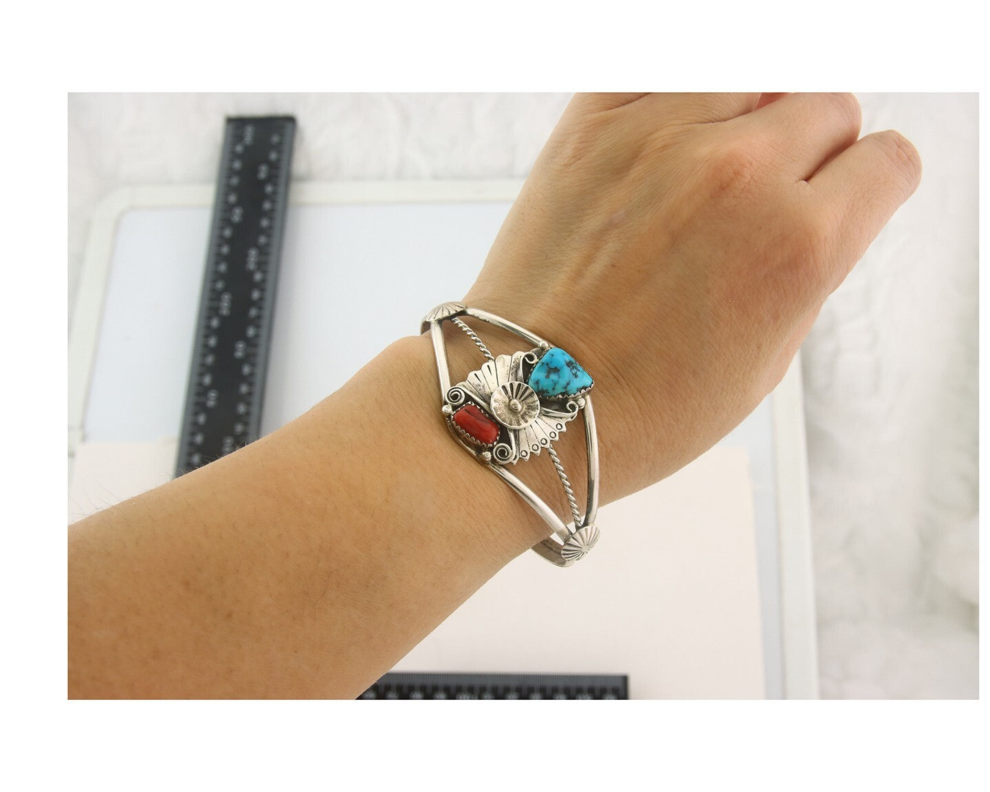 Navajo Bracelet 925 Silver Coral & Turquoise Cuff Signed AR Arrow C.80's