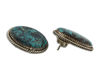 Navajo Earrings 925 Silver Spiderweb Turquoise Artist Signed RB C.80's