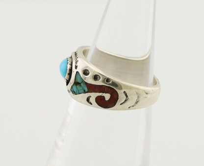 Navajo Ring 925 Silver Turquoise & Coral Natural American Artist C.80's