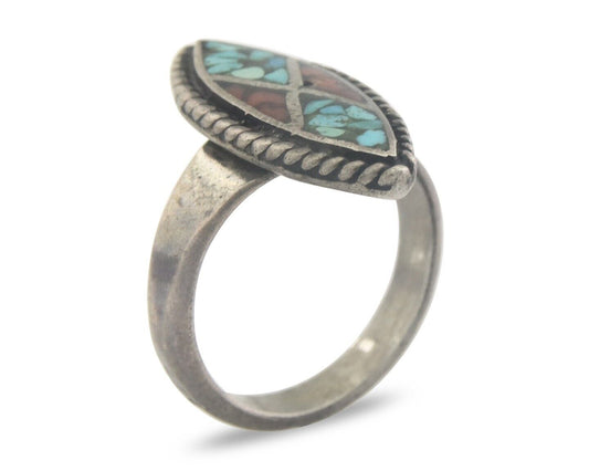 Navajo Ring 925 Sterling Natural Chip Inlay Coral & Turquoise C.80's Size 5.25