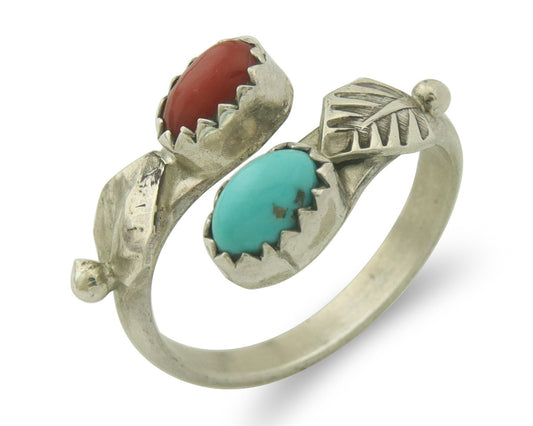 Vintage Navajo Ring 925 Sterling Turquoise & Coral Native Artist Size Size 5