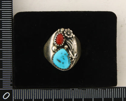 Navajo Ring 925 Sterling Turquoise & Coral Native Artist C.80's Size 6.5