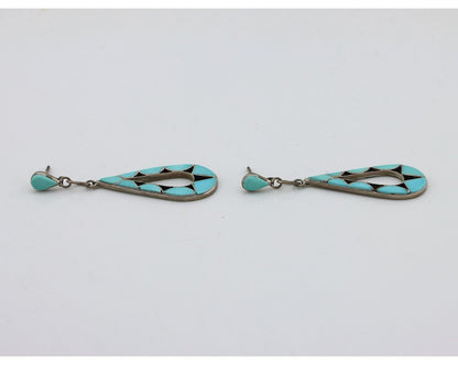Navajo Handmade Earrings 925 Silver Blue Turquoise Native Artist C.80's