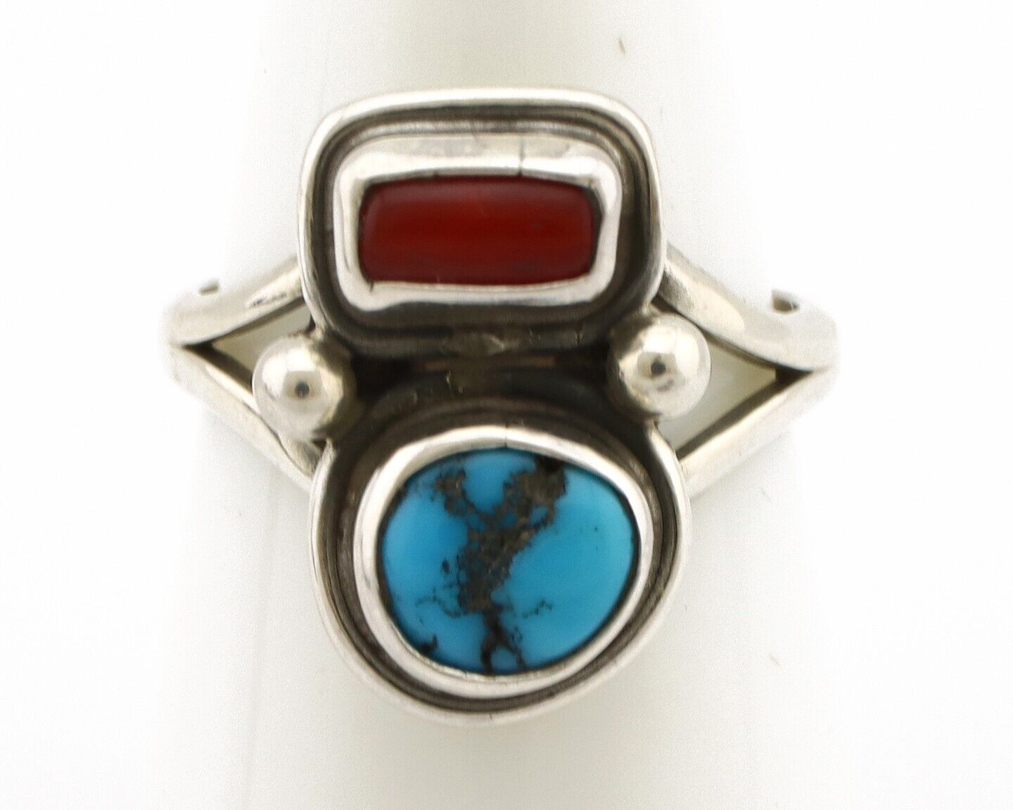 Navajo Ring 925 Silver SB Turquoise & Red Coral Native American Artist C.80s