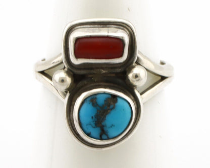 Navajo Ring 925 Silver SB Turquoise & Red Coral Native American Artist C.80s