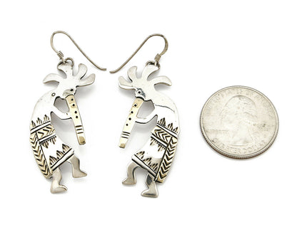 Navajo Dangle Earrings .925 Silver & 14k Solid Yellow Gold Kokopelli Signed RT
