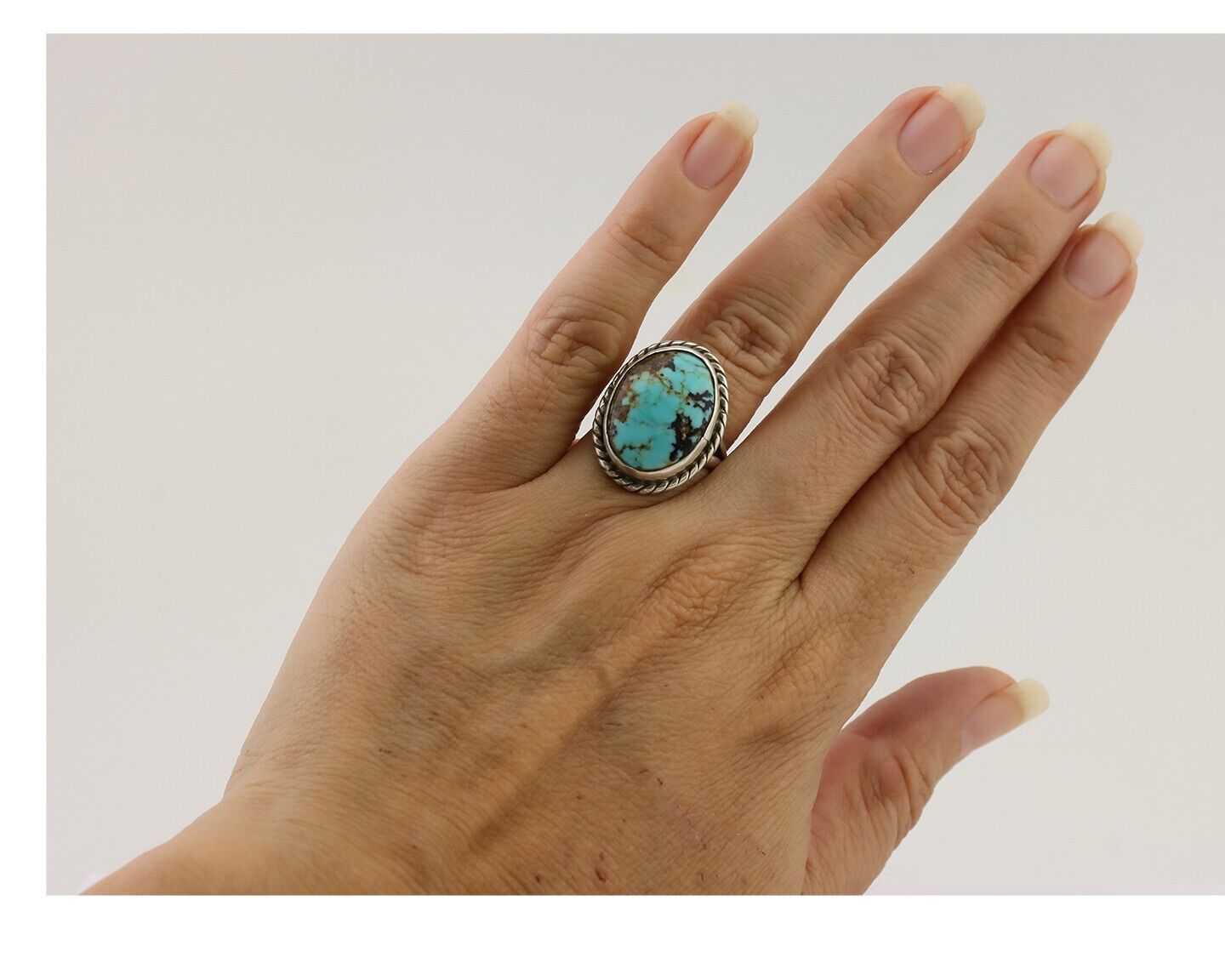 Navajo Ring 925 Silver Kingman Turquoise Native American Artist C.80's