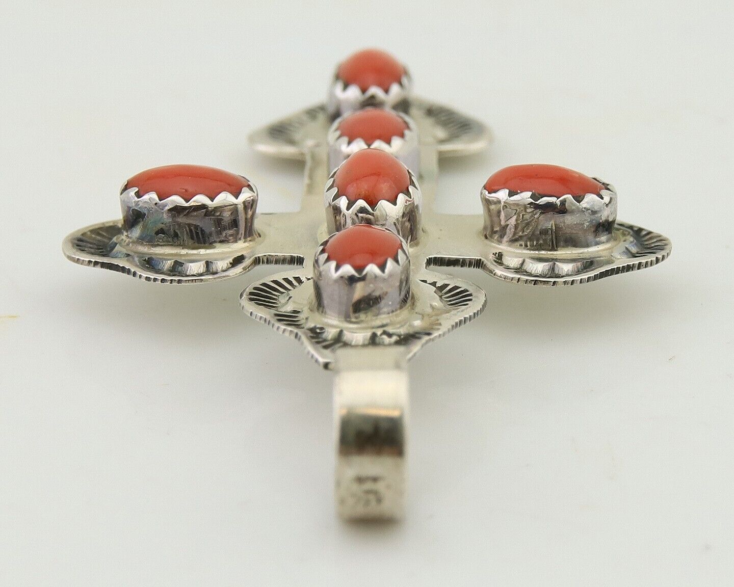 Navajo Cross Pendant 925 Silver Mediterranean Coral Artist Signed CB C.80's