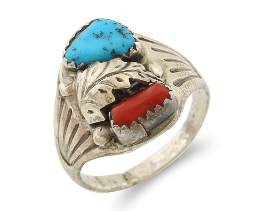 Navajo Ring 925 Sterling Turquoise & Coral Native Artist C.80's Size 7.5
