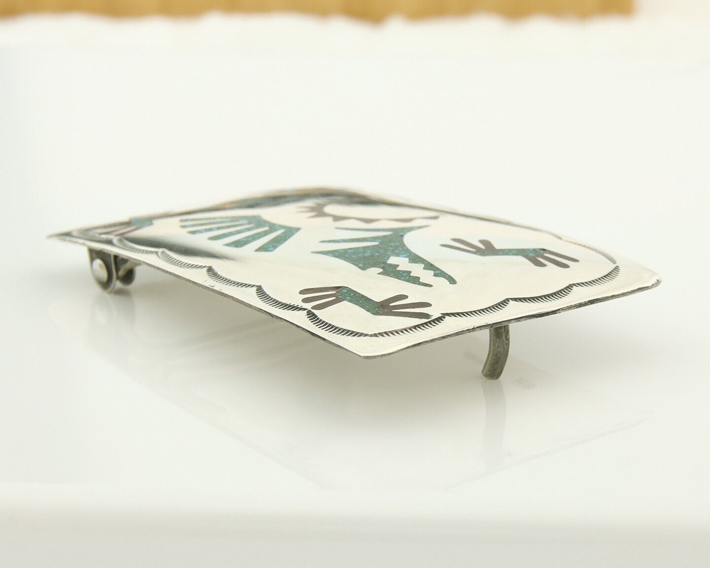 Vintage Navajo Belt Buckle 925 Silver Handmade Inlaid Gemstone Signed HB