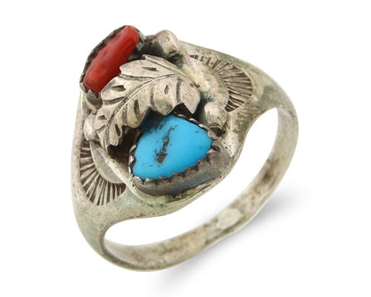 Navajo Ring 925 Sterling Turquoise & Coral Native Artist C.80's Size 10