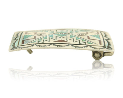 Vintage Navajo Belt Buckle 925 Silver Handmade Inlaid Gemstone Stanely Bain
