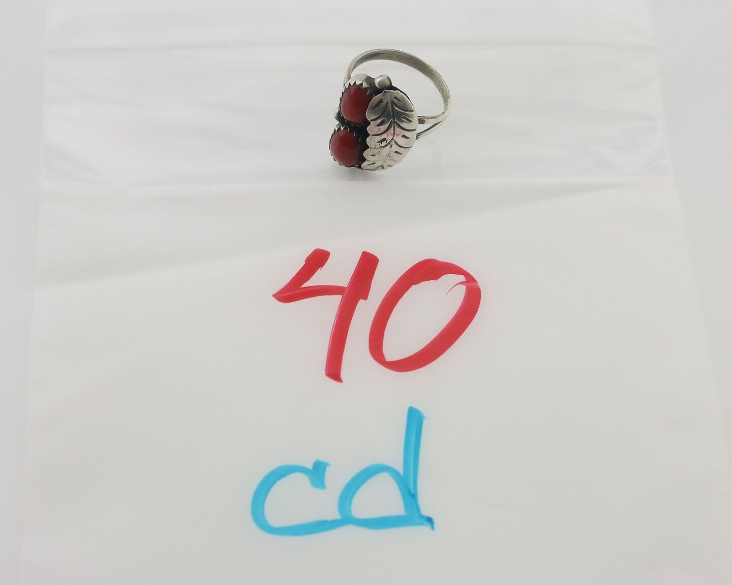 Navajo Handmade Ring 925 Silver Natural Mediterranean Coral Signed 88 C.80's