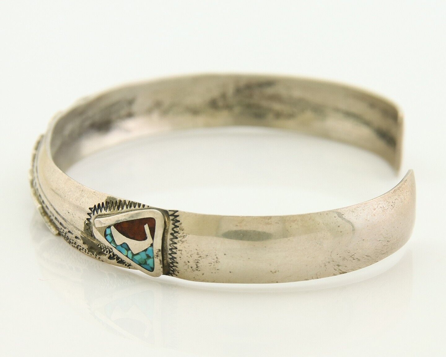Navajo Bracelet 925 Silver Inlaid Turquoise Coral Native American Artist C.80's