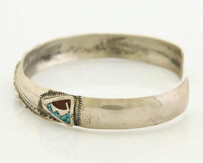 Navajo Bracelet 925 Silver Inlaid Turquoise Coral Native American Artist C.80's