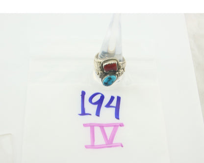 Men Navajo Ring 925 Sterling Natural Coral & Turquoise Signed JM C.80's Sz 11.5