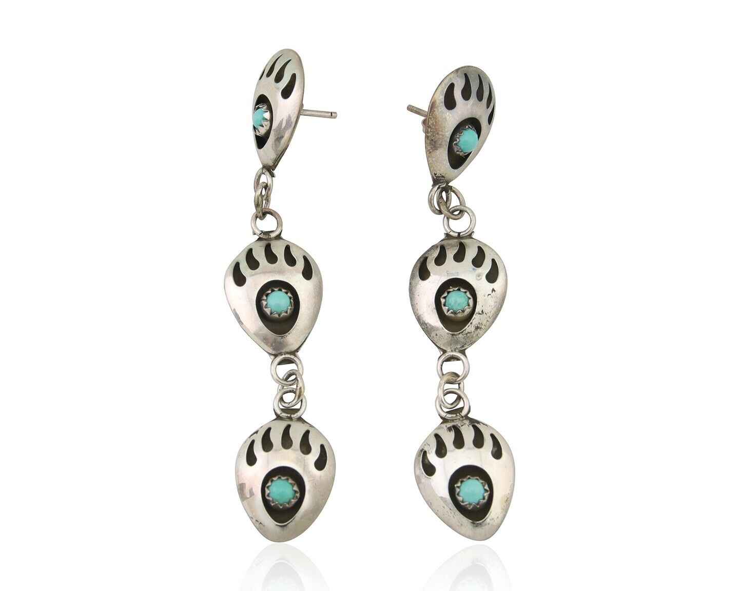 Navajo Paw Earrings 925 Silver Kingman Turquoise Native American Artist C.80's