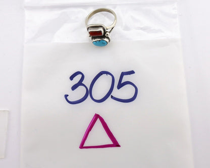 Navajo Ring 925 Silver SB Turquoise & Red Coral Native American Artist C.80s