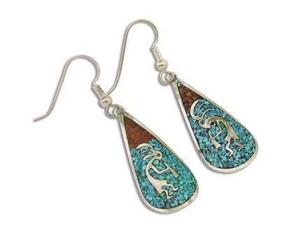 Navajo Kokopelli Earrings 999 Nickel Chip Inlay Turquoise Coral Native American