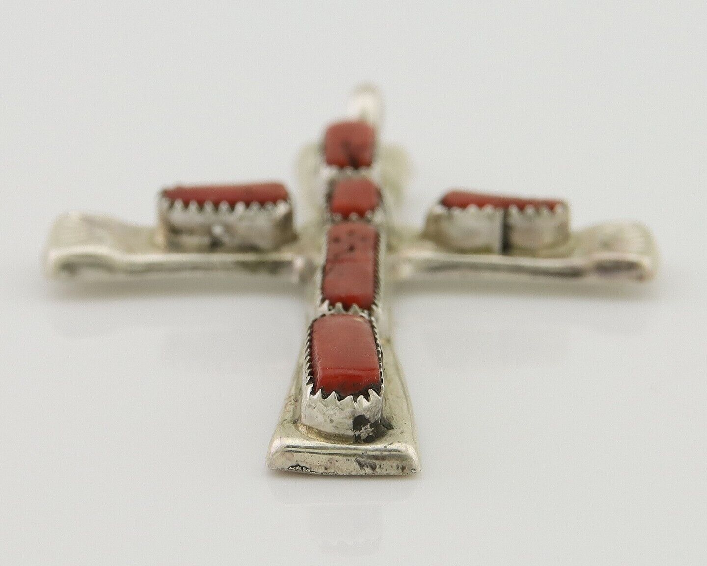 Zuni Cross Pendant 925 Silver Mediterranean Coral Signed J Iule C.80s