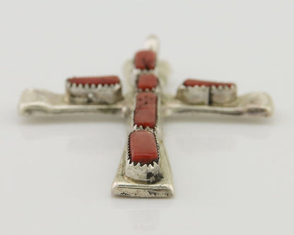 Zuni Cross Pendant 925 Silver Mediterranean Coral Signed J Iule C.80s