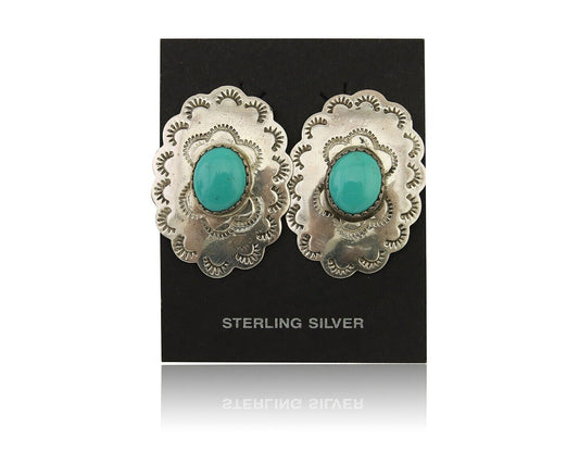 Navajo Hand Stamped Earrings 925 Silver Natural Turquoise Native Artist C.80's