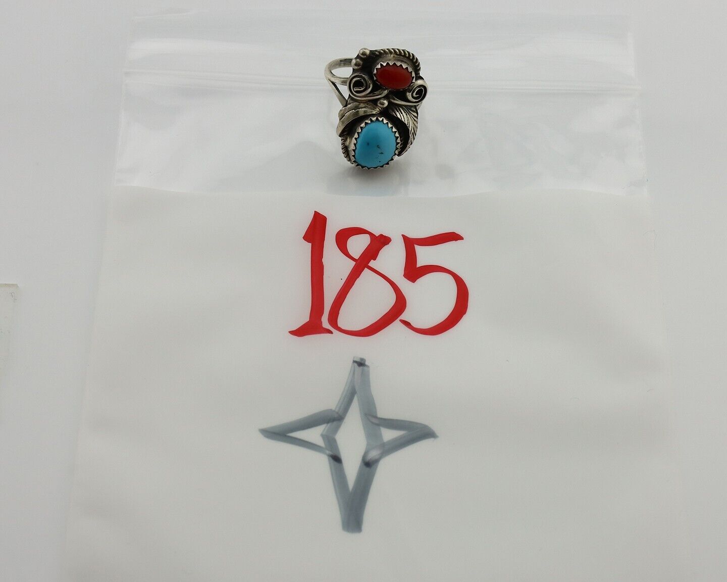 Navajo Ring 925 Silver Blue Turquiose & Coral Artist Signed Justin Morris C.80's