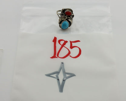 Navajo Ring 925 Silver Blue Turquiose & Coral Artist Signed Justin Morris C.80's