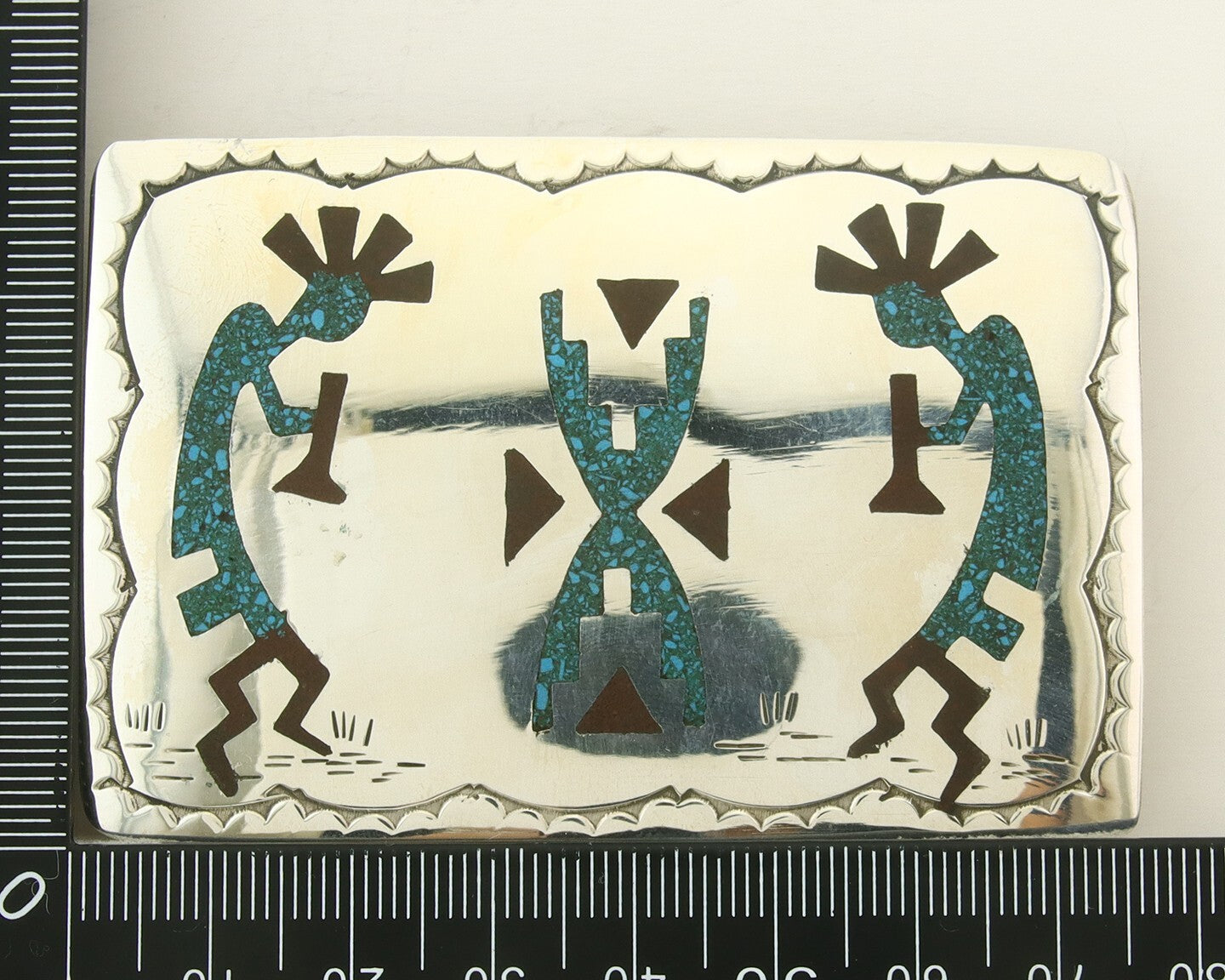 Vintage Navajo Belt Buckle 925 Silver Handmade Inlaid Gemstone Signed HB