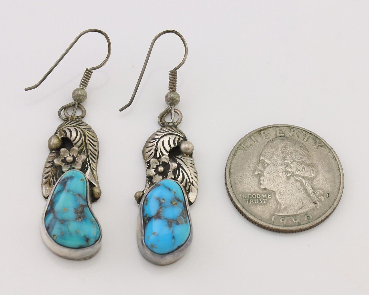 Navajo Handmade Earrings 925 Silver Natural Turquoise Native Artist C.80's