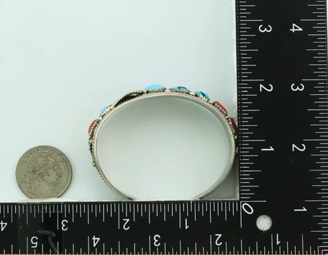 Navajo Cuff Bracelet 925 Sterling Silver Turquoise & Coral Signed Lee Charlie Jr