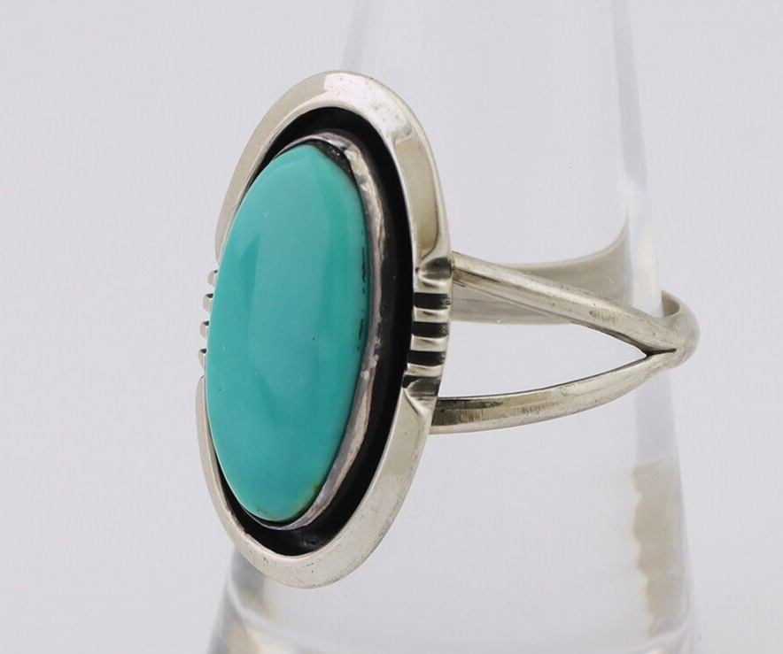 Navajo Hand Stamped Ring 925 Silver Natural Turquoise Native Artist C.80's