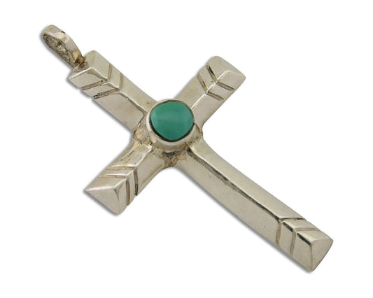 Navajo Sand Cast Cross Pendant 925 Silver Turquoise Artist Signed J Yazzie C.80s