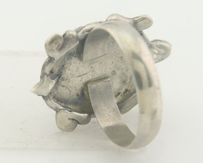 Navajo Ring 925 Silver Inlaid Turtle Turquoise & Coral C.80's Size 8.25