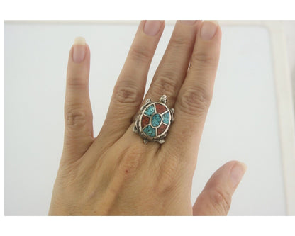 Navajo Ring 925 Silver Inlaid Turtle Turquoise & Coral C.80's Size 8.25