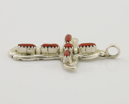Zuni Cross Pendant 925 Silver Mediterranean Coral Signed W Iule C.80s