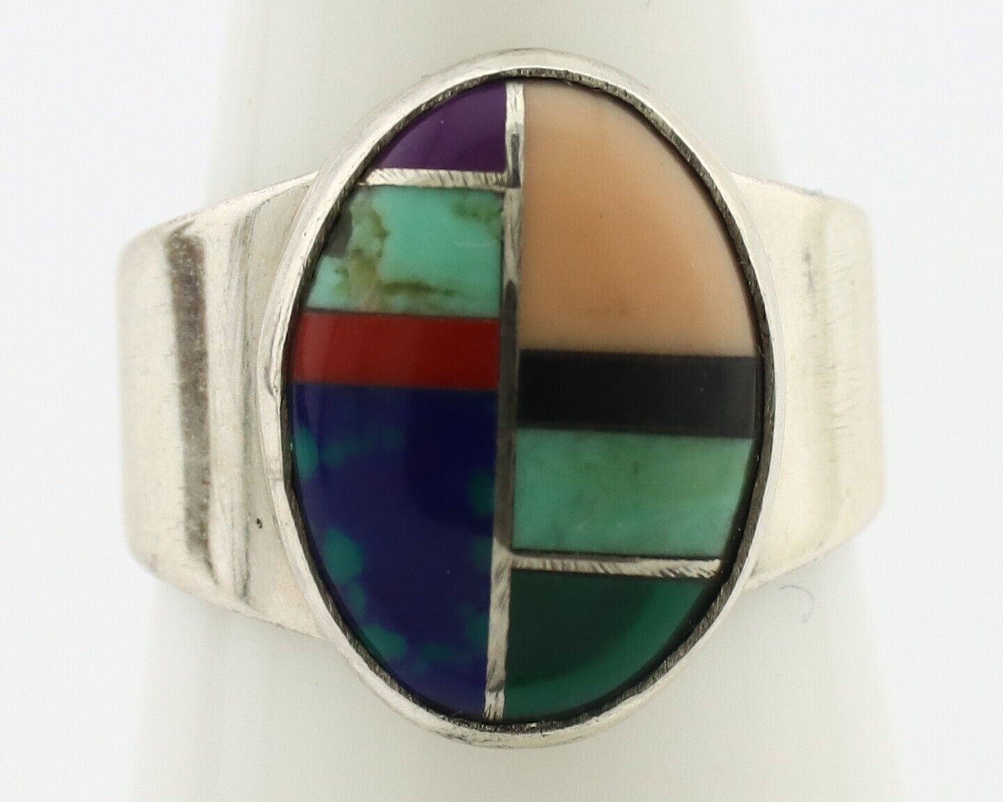 Zuni Inlaid Ring 925 Silver Mixed Natural Gemstones Native American Artist C.80s