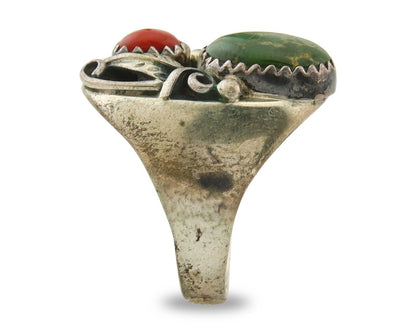 Navajo Ring 925 Sterling Turquoise & Coral Native Artist C.80's Size 6.5
