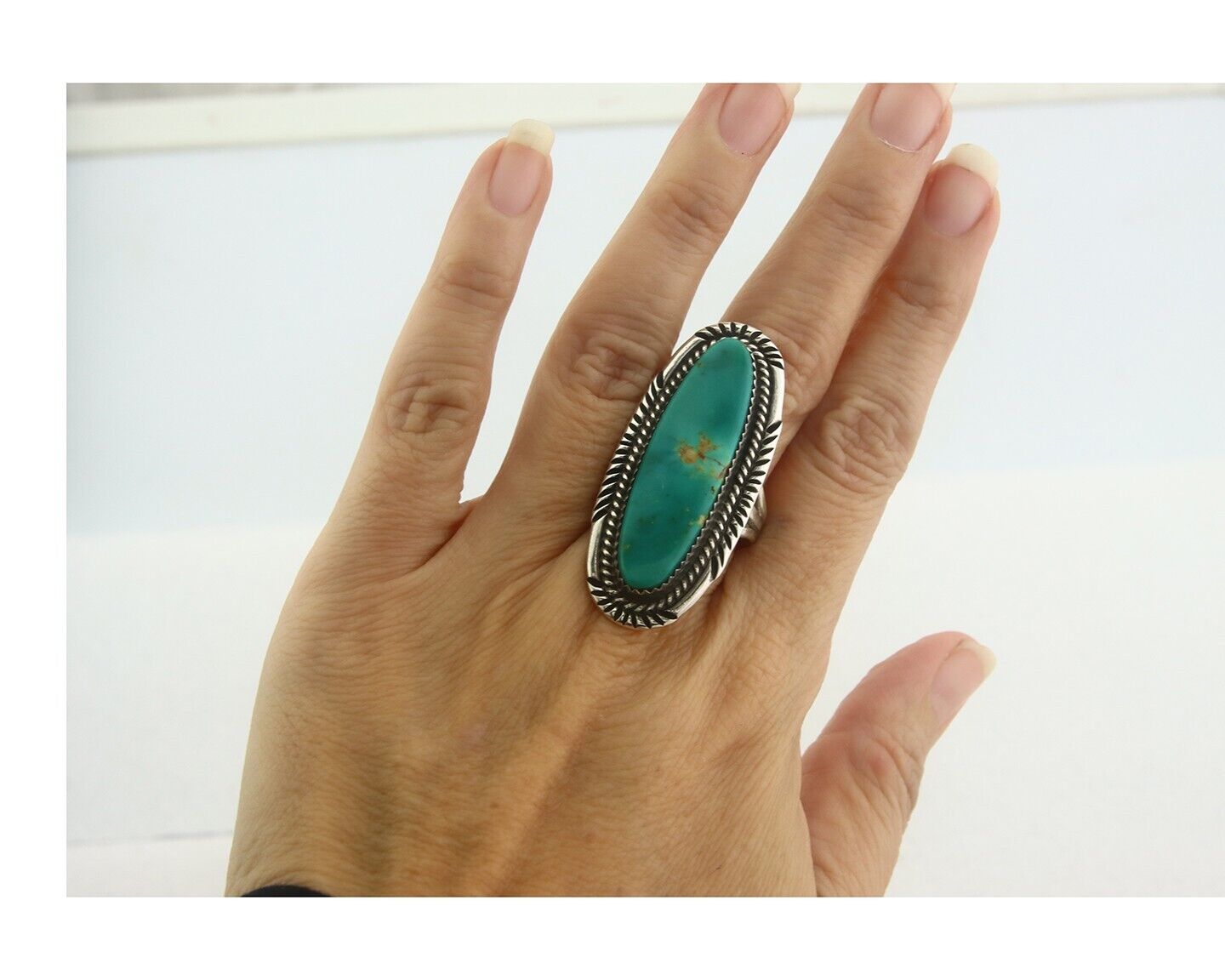 Navajo Ring 925 Sterling Turquoise Handmade Signed USA C.80's Size 9.75