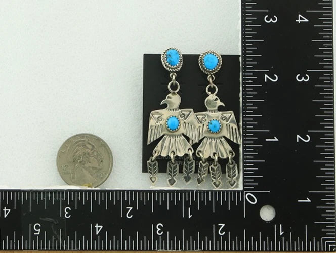 Navajo Bird Earrings Sterling Silver Natural Turquoise Signed J
