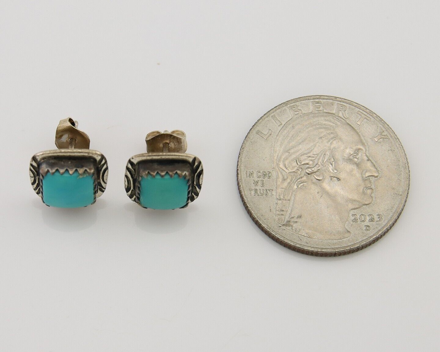 Navajo Hand Stampied Earrings 925 Silver Blue Turquoise Native Artist C.80's