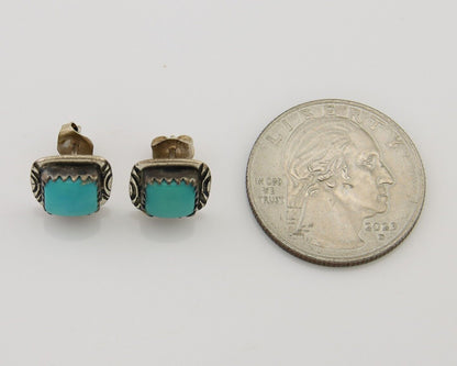 Navajo Hand Stampied Earrings 925 Silver Blue Turquoise Native Artist C.80's