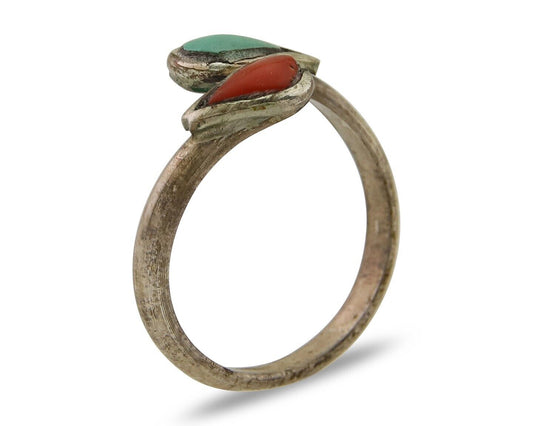 Navajo Handmade Ring 925 Silver Turquoise & Coral Native Artist C.80's